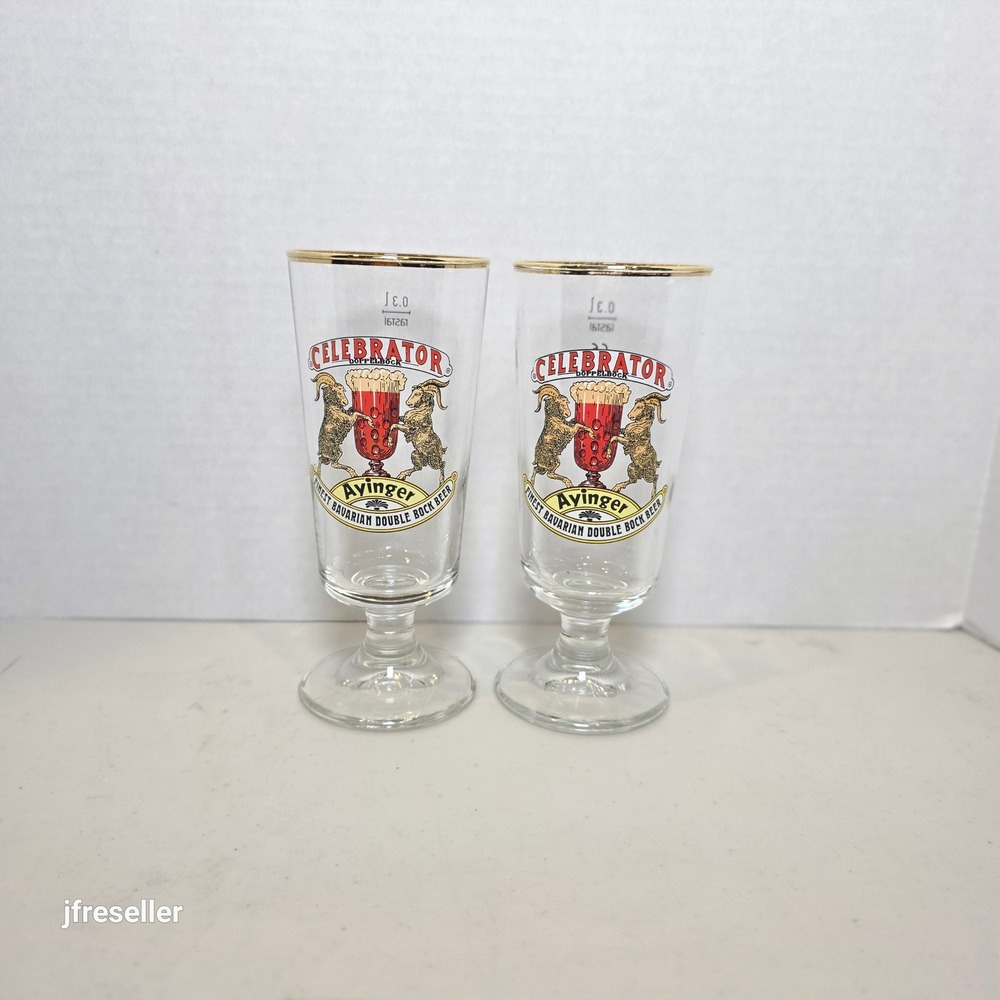 Ayinger Celebrator Doppelbock Beer Glasses Set of 2 Gold Rim 0.3L Bavarian Goat